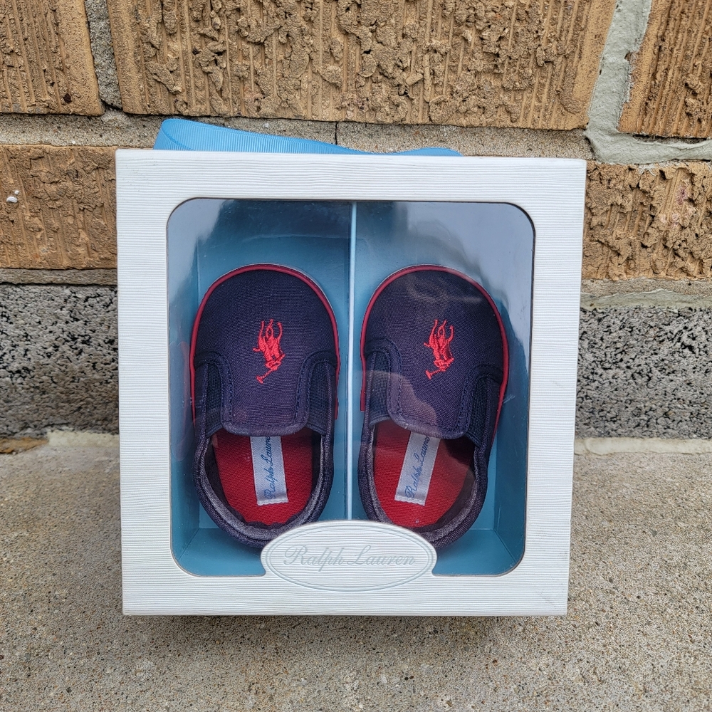 Ralph Lauren Navy Blue Red Bal Harbour Slip-on Crib Shoes 3